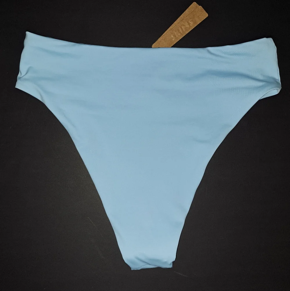 🩵SKIMS Swim Rhinestone Bandeau Mid Waist Bottoms Strappy Skirt IRIS BLUE M L